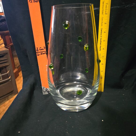 Southern Living At Home Handmade Vase 11" Green Polka Dot Pattern Clear Glass Po - Picture 1 of 9